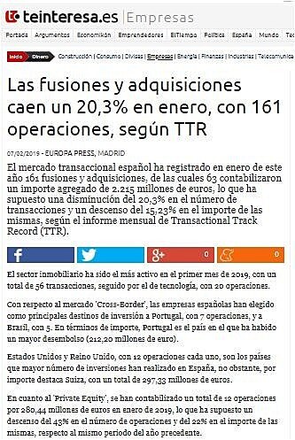 Las fusiones y adquisiciones caen un 20,3% en enero, con 161 operaciones, segn TTR